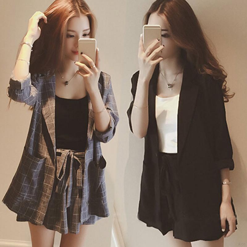 Setelan Blazer Vintage Motif Kotak kotak Celana Pendek Setelan Blazer Vintage Motif Kotak kotak Celana Pendek