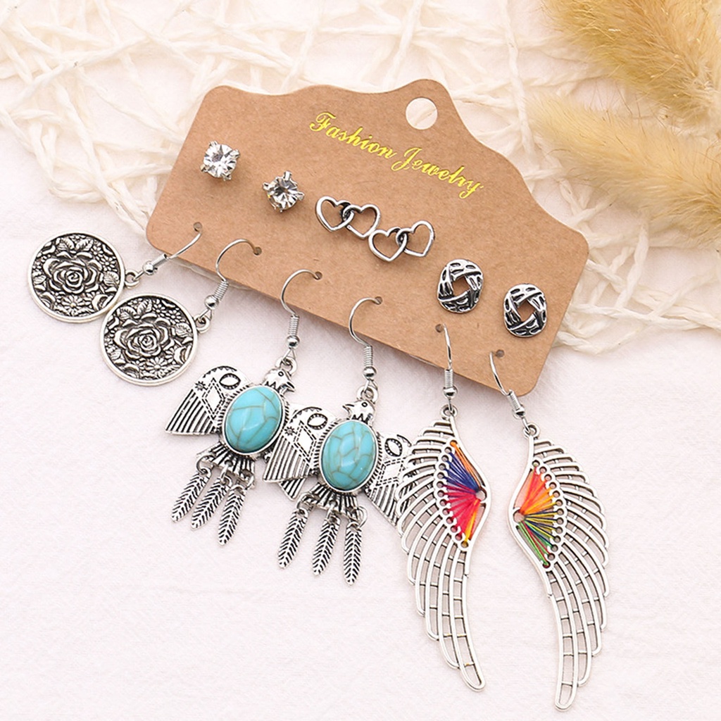 Hu Hu Hu Hu Hu Alat Bantu Pasang Kacamata♡ 6 Pasang Anting Tusuk Gantung Desain Daun Hollow Bahan Alloy Gaya Etnik Untuk Wanita