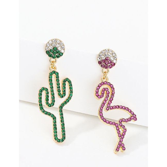 LRC Anting Tusuk Fashion Red + Green Asymmetric Colored Diamond Cactus Flamingo S925 Silver Needle