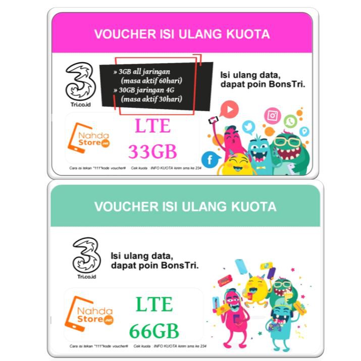 Aktivasi Voucher Tri Kuota Lte 33gb 66gb 22gb Unlimited Youtube 150gb 117gb 100gb Shopee Indonesia