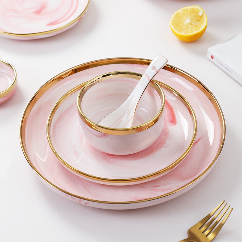 PIRING PINK MARBLE KERAMIK LIST EMAS ELEGAN/ PIRING KERAMIK PINK MOTIF MARMER LIST GOLD ELEGAN MEWAH-5