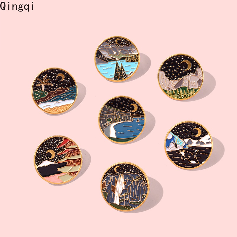 Outdoors Bros Pin Enamel Desain Pemandangan Gunung / Sungai / Bulan Untuk Aksesoris Pakaian Wanita