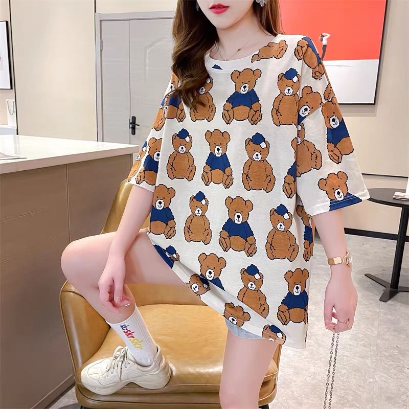 THISTLE - Oversize Tee Tshirt Wanita Model Longgar Motif Bear Topi Full Print