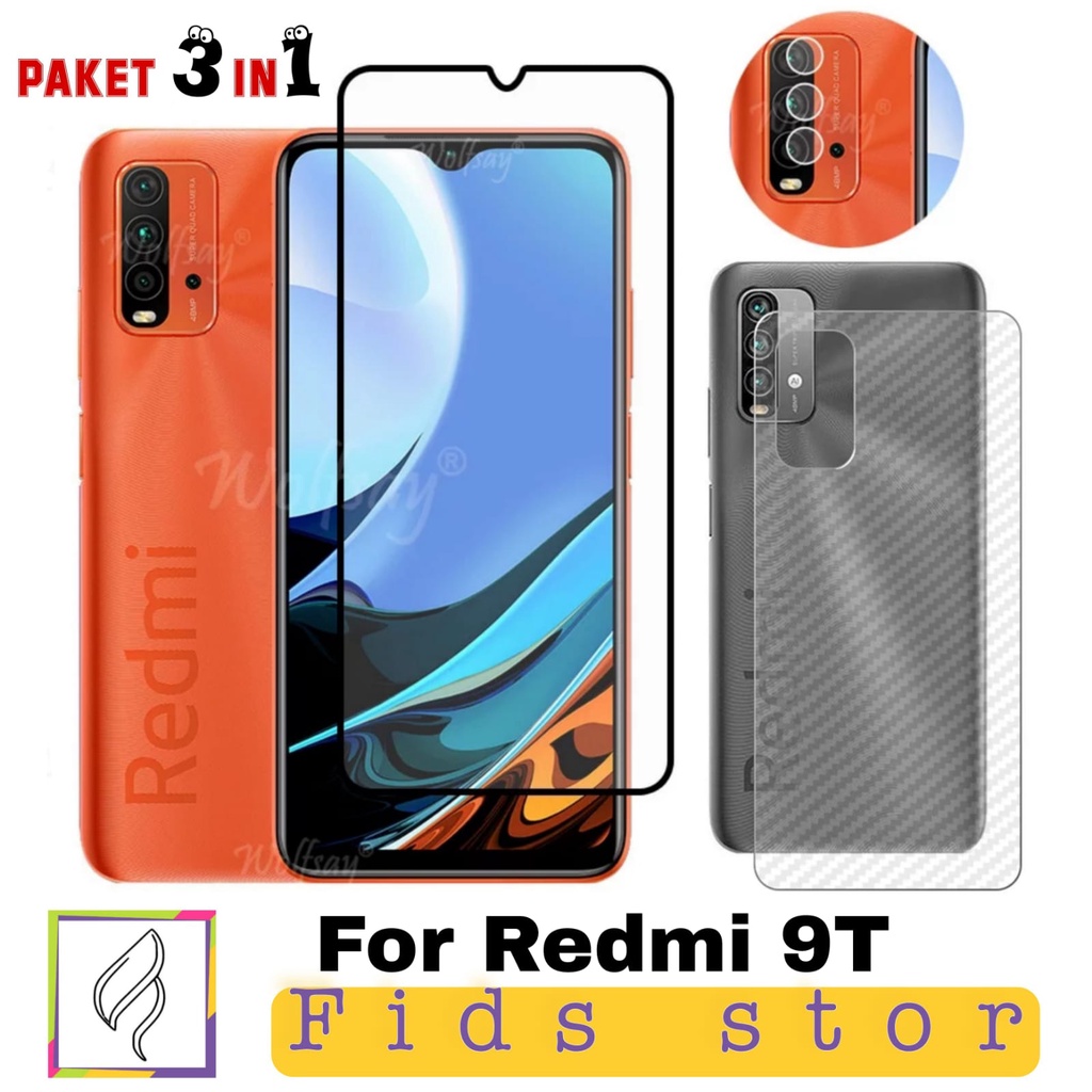 PROMO 3in1 XIAOMI Redmi 9T / 9T NFC Tempered Glass Free Anti Gores CAMERA &amp; GARSKIN Carbon