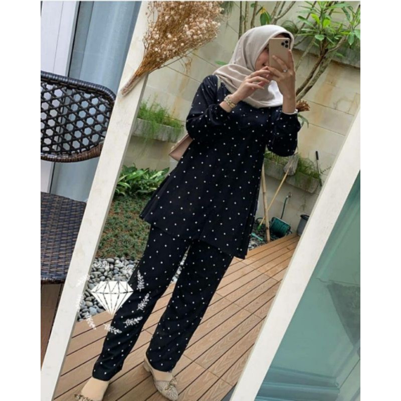 SET CELANA ELMA POLKA MONALISA, GAMIS HIJAB MUSLIM, SETELAN