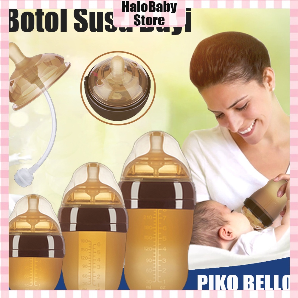 Halobaby botol susu bayi PIKO BELLO botol silikon bayi botol bayi coklat dengan sedotan