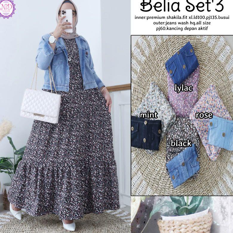 [PRODUK M7AH8] belia one set jaket jeans crop wanita gamis motif bunga N&D gamis syakila dress impor