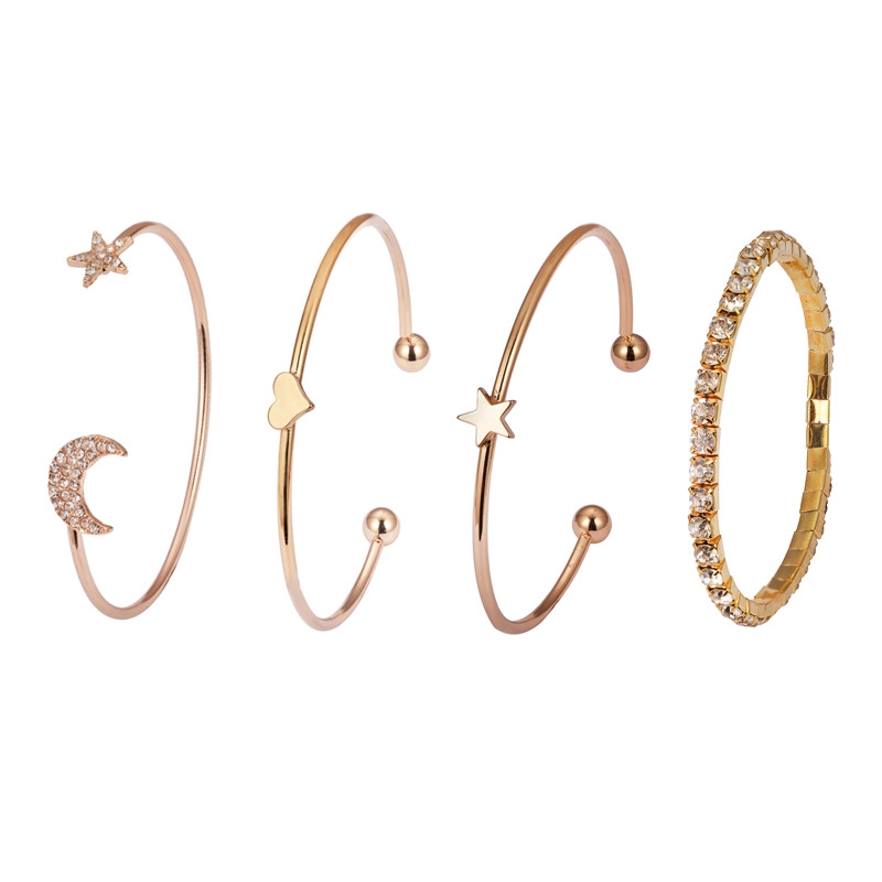 4Pcs/Set Women Gilr Gold Opening Bangle Chain Bracelet Gelang berlian set 4 buah