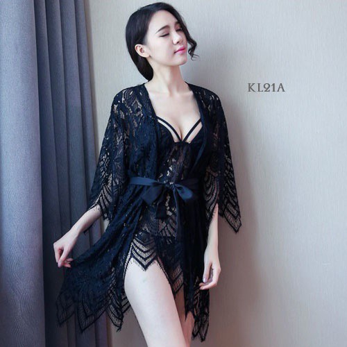 [STOK TERBATAS] BAJU TIDUR KIMONO WANITA NIGHT GOWN LINGERIE HITAM KL21A