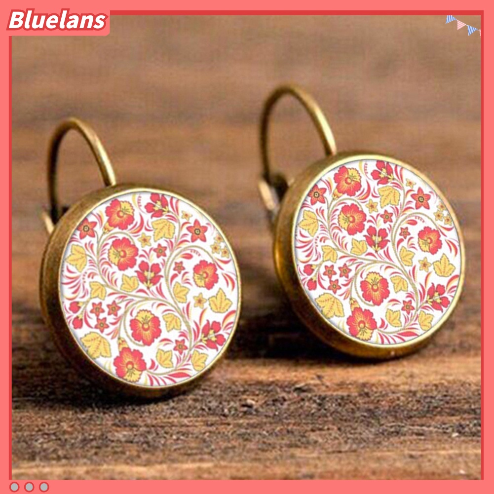 Bluelans Anting Klip Bentuk Bulat Motif Bunga Mandala Gaya Retro Untuk Wanita