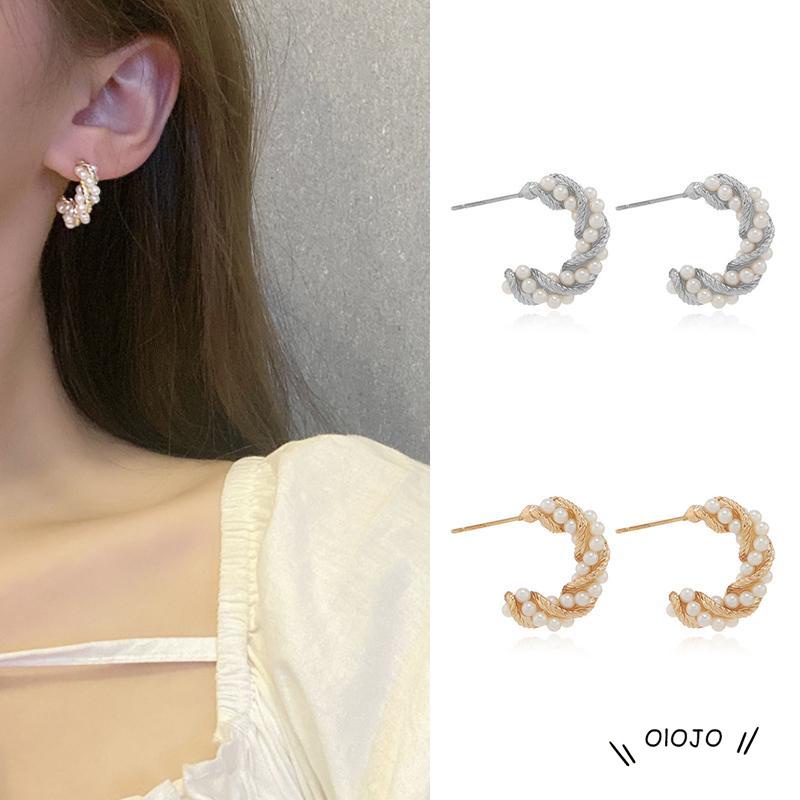 Anting Bentuk C Spiral Aksen Mutiara Untuk Fashion