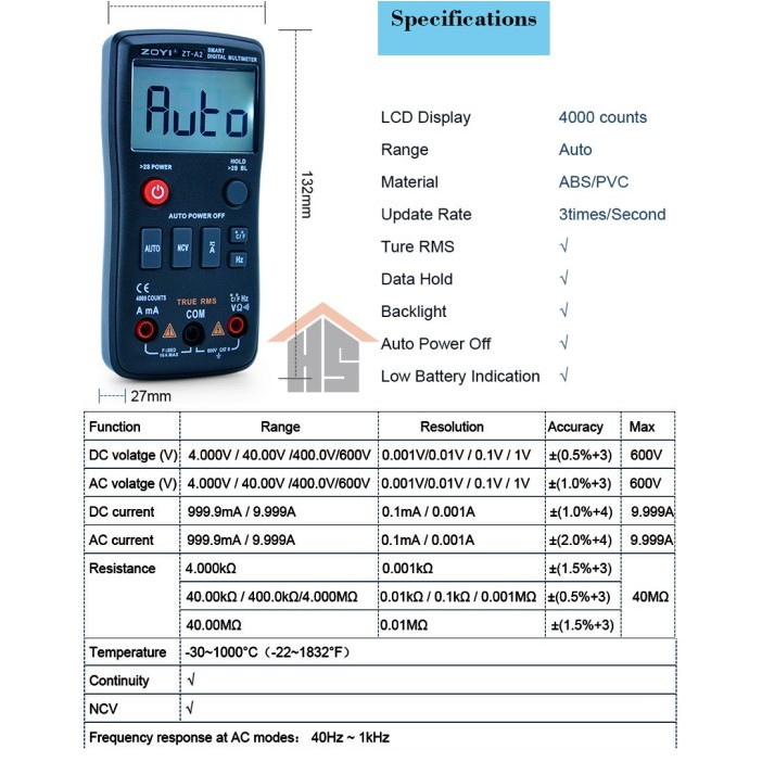 Zoyi ZT-A2 Auto Smart Multitester Avometer Digital AC DC Voltage NCV