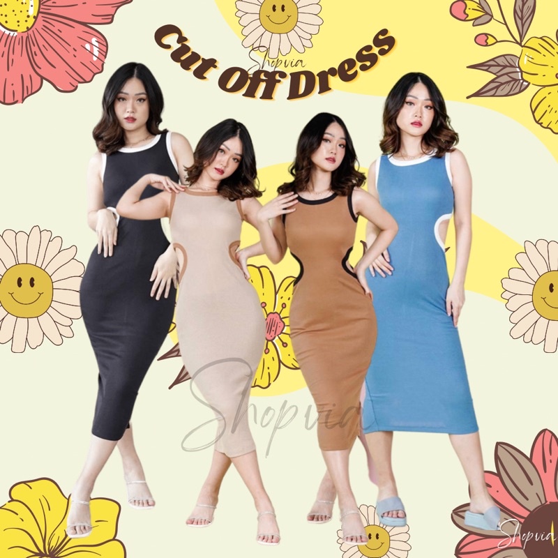 Cut Off Dress Knit Maxi Long Dress Fit Body Side Cut Out Dress Sexy Panjang