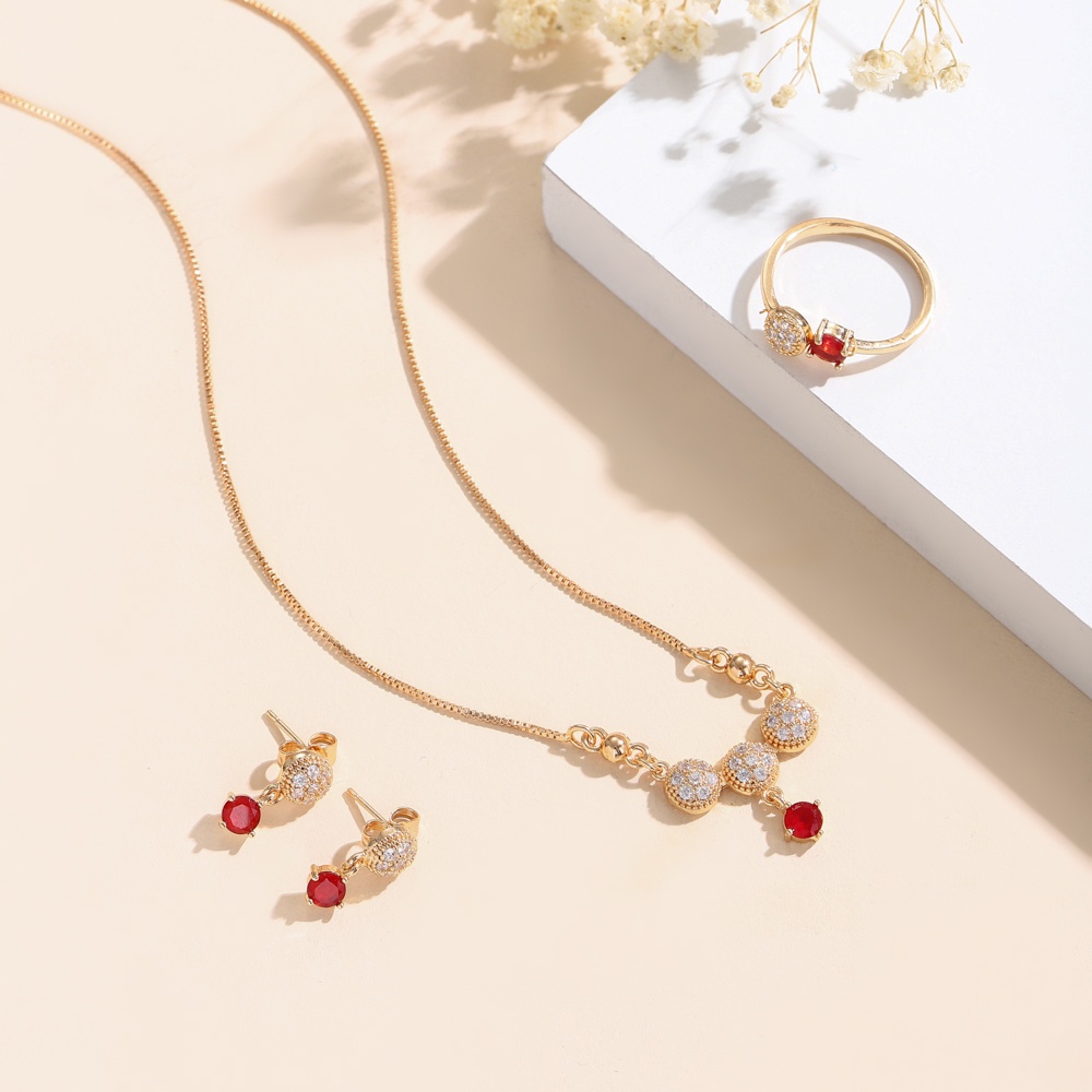 ✅COD✨Set Perhiasan Wanita Mewah Ruby Kalung Titanium Rose Gold Rantai klavikula Anting Cincin Asesoris Wanita Perhiasan Set D243