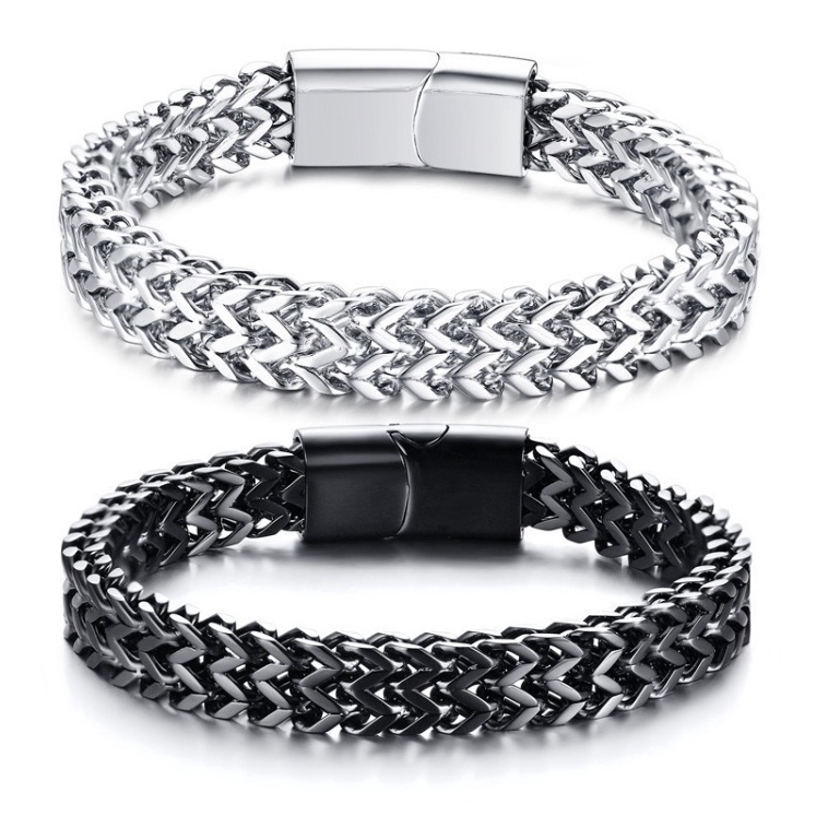 Gelang Tangan Strap Rantai Ganda Bahan Stainless Steel Warna Hitam / Silver Ukuran 8.5mm untuk Pria