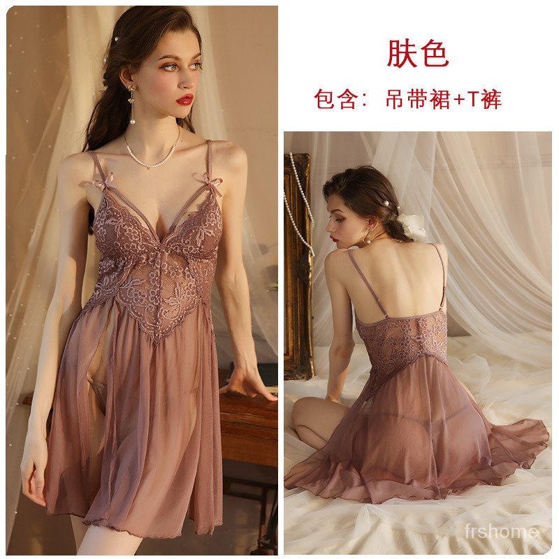 Rok selempang multi-warna opsional piyama tembus pandang celah samping gaun tidur wanita lucu jala b