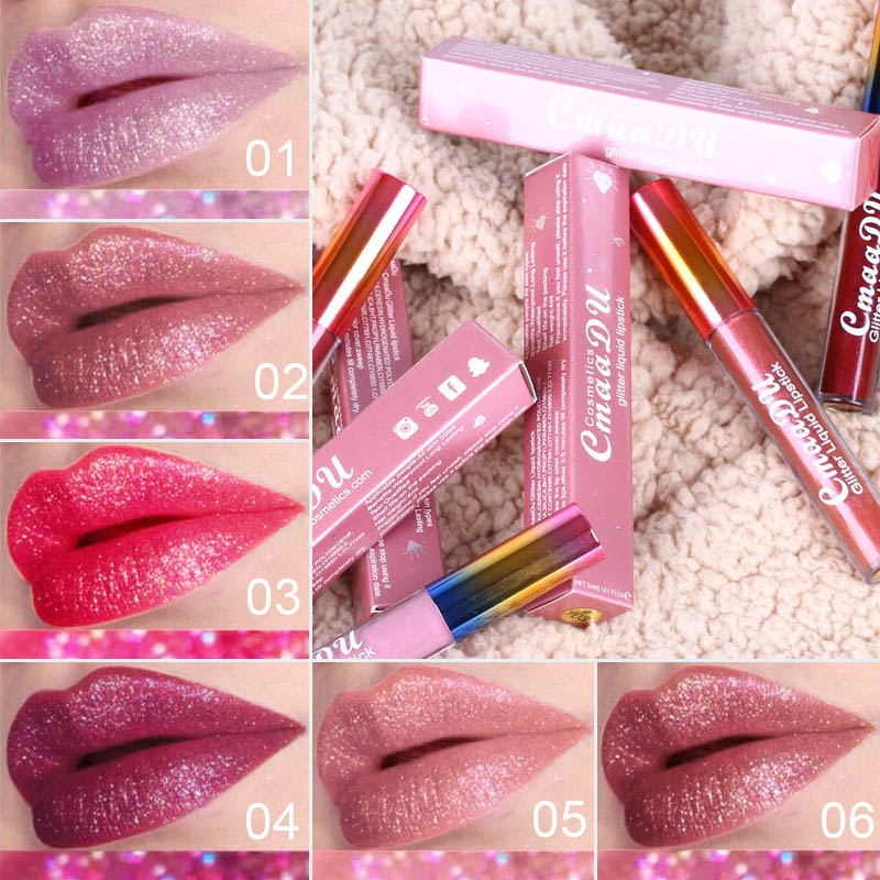 CMAADU GLITTER LIQUID LIPSTICK Lipstik Tahan Air Tahan Lama Shimmer Merah Bibir Berwarna Merah Muda