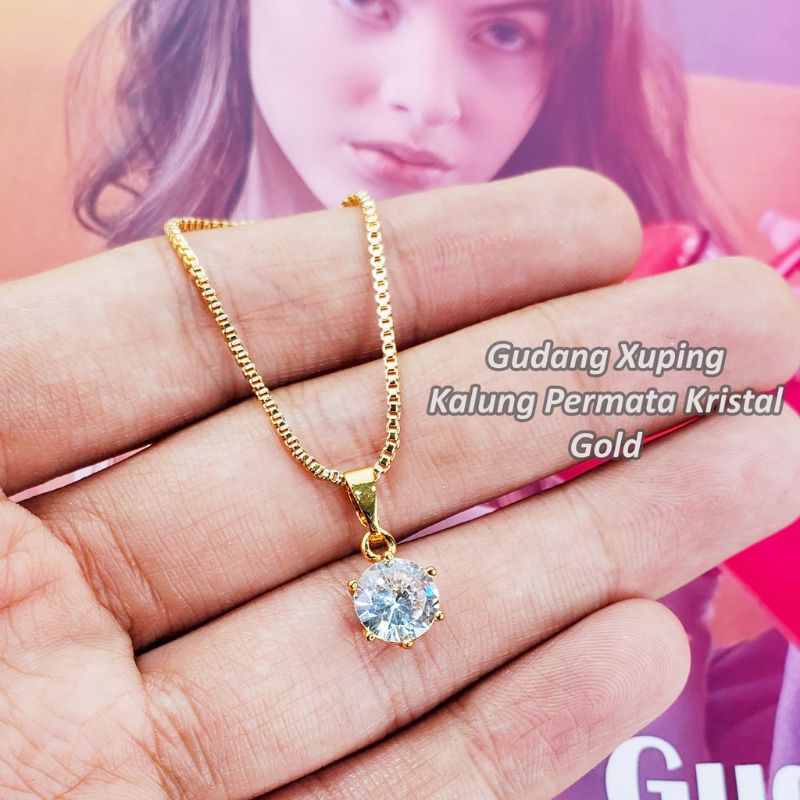 Kalung Stainless Steel Sepuhan Permata Kristal Gold dan Silver