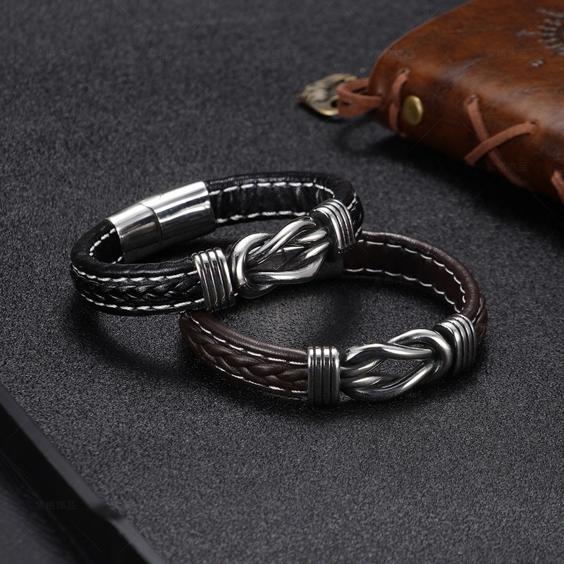 Gelang Bahan Kulit Dan Stainless Steel Ukuran 21CM Gaya Vintage Untuk Pria