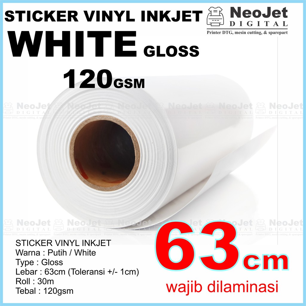 

Sticker Stiker Vinyl Inkjet White lebar 63 cm (panjang 30 meter) tinta DYE Pigment Art Paper