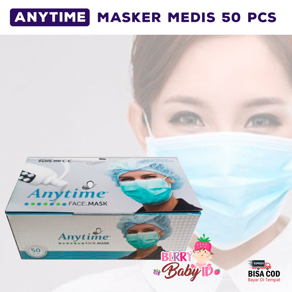 Anytime Masker Medis Isi 50 Face Mask Earloop Multifungsi 3 Ply Berry Mart