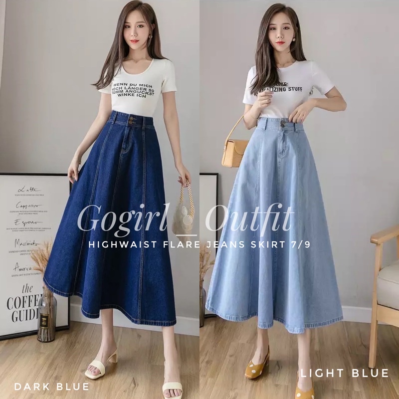 ROK MIDI JEANS IMPORT / ROK MEKAR JEANS WANITA / FLARE SKIRT BANGKOK / ROK JEANS MEKAR 7/8