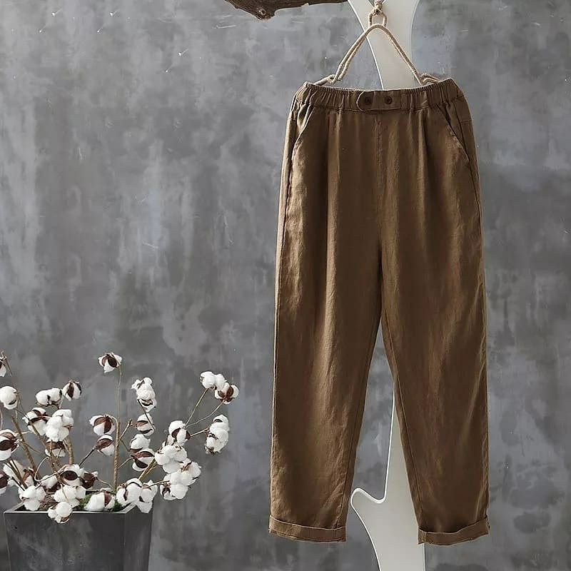 Celana Baggy Kancing Lipat Bawah Bahan Katun Rami Highwaist-Baggy Pant-Celana Panjang Wanita-Celana Baggy-Celana Kekinian-Celana Panjang-Bawahan Wanita-Coklat