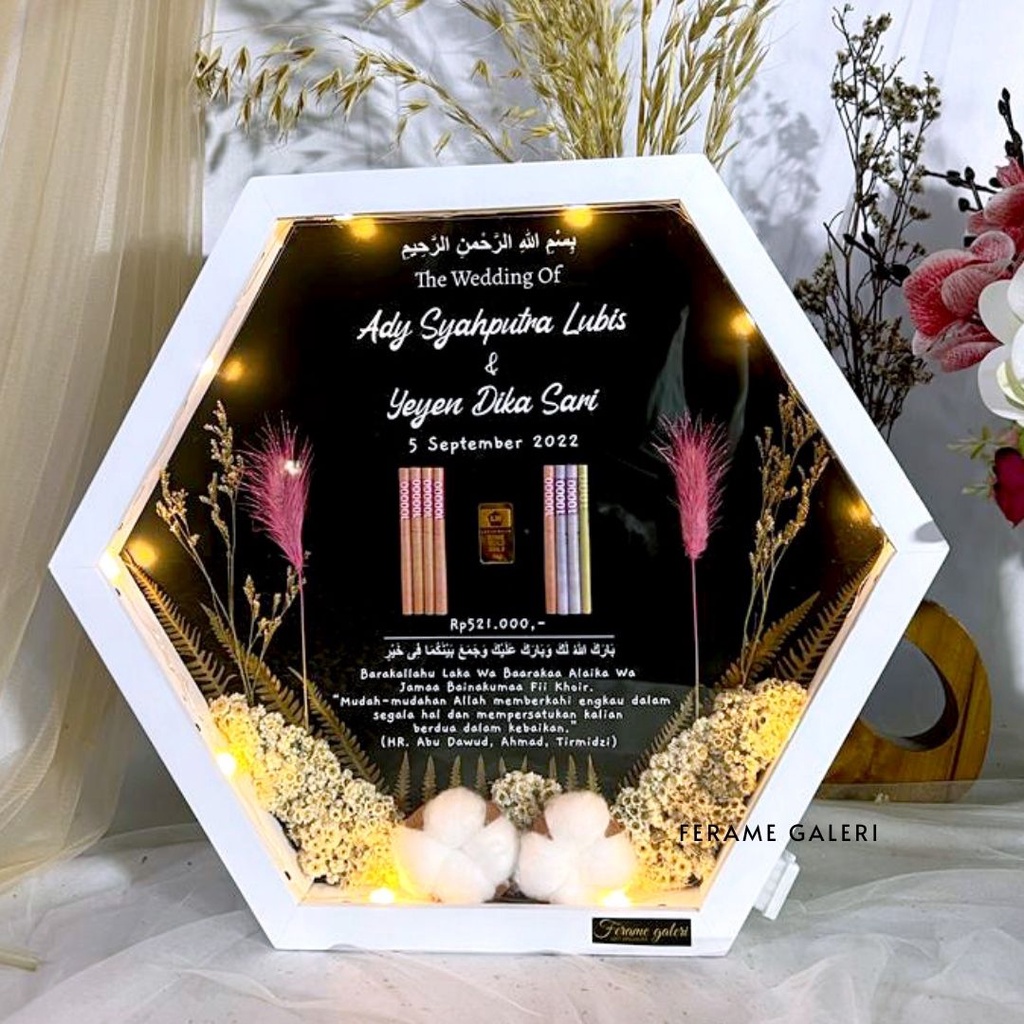 (1HariJadi) Mahar Pernikahan Bingkai 3D Hexagonal Mahar Rustic Antipecah Driedflower Seserahan Hantaran Foto Kado pernikahan Gift Anniversary Bunga Kering - Sharah17 by Ferame Galeri Rustic