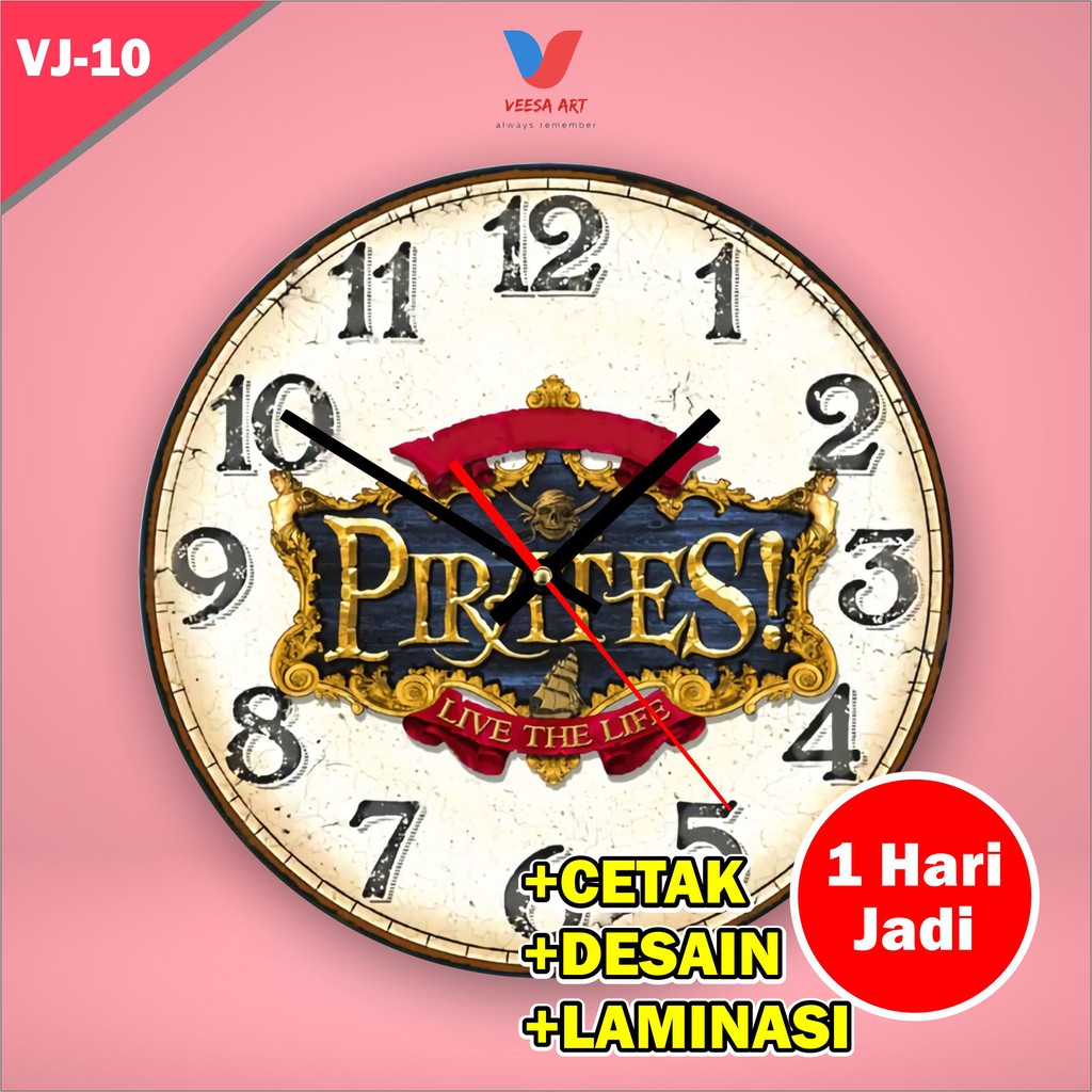 Jam dinding custom kayu untuk kamar tidur anak cowok pirates animasi kartun laki kecil murah keren