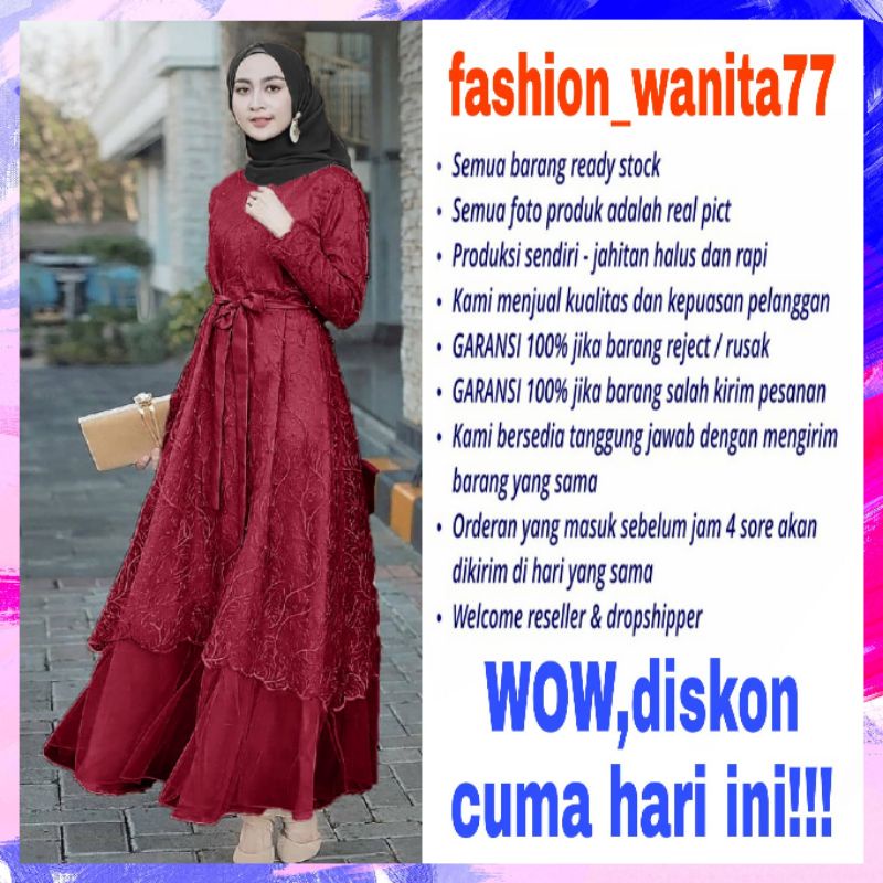 Gamis dress baju pakaian busana fashion brokat busana wanita muslim remaja syafira syar'i gaun konda