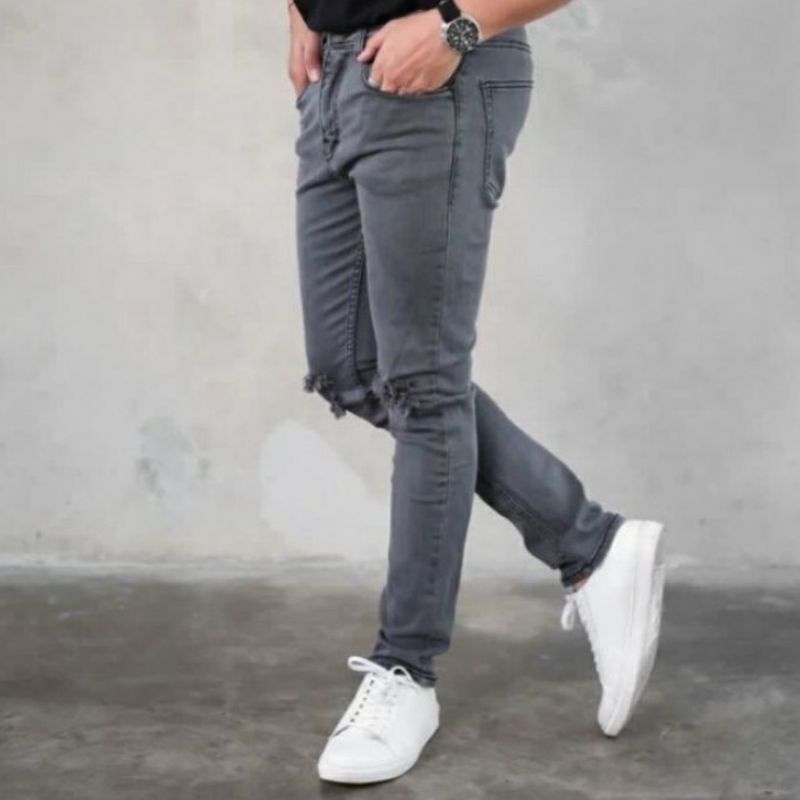 CELANA JEANS PRIA SOBEK LUTUT ROBEK SOFT JEANS