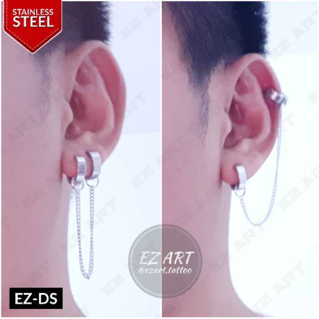 1Pc Model EZ-DS DOUBLE GANDA Rantai Silver Anting Pria Cowok - Wanita Cewek Jepit Tusuk KPOP Punk