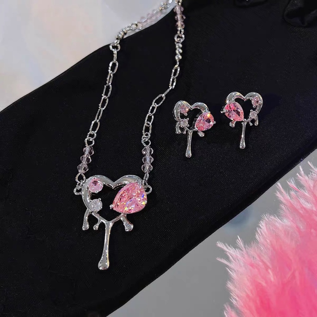 YEEZII Y2k Set Anting Tusuk Gantungkalung Rantai Liontin Hati Hias Kristal Imitasi Untuk Wanita