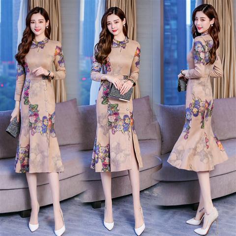 2022 new spring and autumn clothes improved cheongsam dress printed Hip Wrap Skirt slim fitting impe