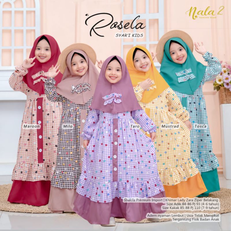 Rosela Syari Kids by Nala 2/Gamis anak+kerudung/Gamis anak usia 4-9 tahun (estimasi)