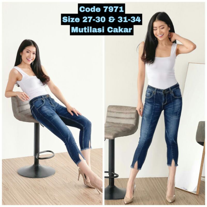 COD Bayar Ditempat Celana Jeans Wanita/Cewek Jumbo&Kecil 7/8 Tulang Belah Mutilasi Cakar Kaki Rawis