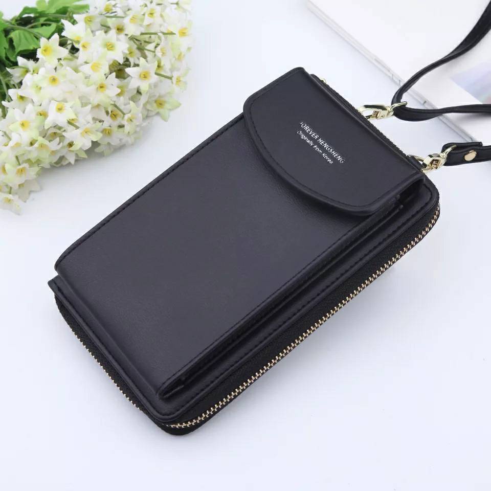 DOMPET HP SELEMPANG WANITA TALI PANJANG KULIT JERUK SALEM HITAM KOREA FASHION ABG RIELA MURAH BATAM