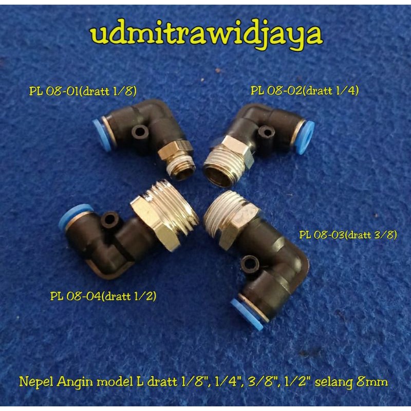 Fitting pneumatic  / sambungan selang angin 8mm Model L dratt 1/8  , 1/4 , 3/8 , 1/2  sambungan selang klakson model L siku SPL nepel angin type EL dratt nepel angin air nepel angin truk fuso double kabin