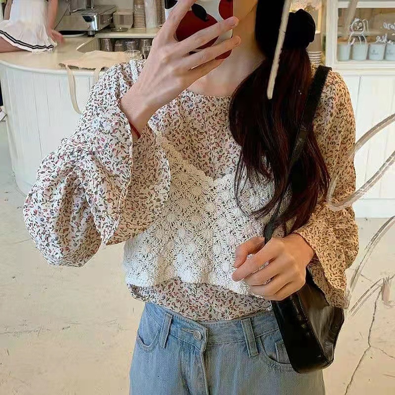 Korean Floral Blouse with Crochet Vest 2 in 1 Set / Atasan Baju Wanita Import Motif Bunga denga Rompi Rajut