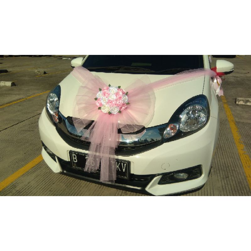 BUNGA MOBIL PENGANTiN/hiasan bunga mobil pengantin/model bulat- pink putih
