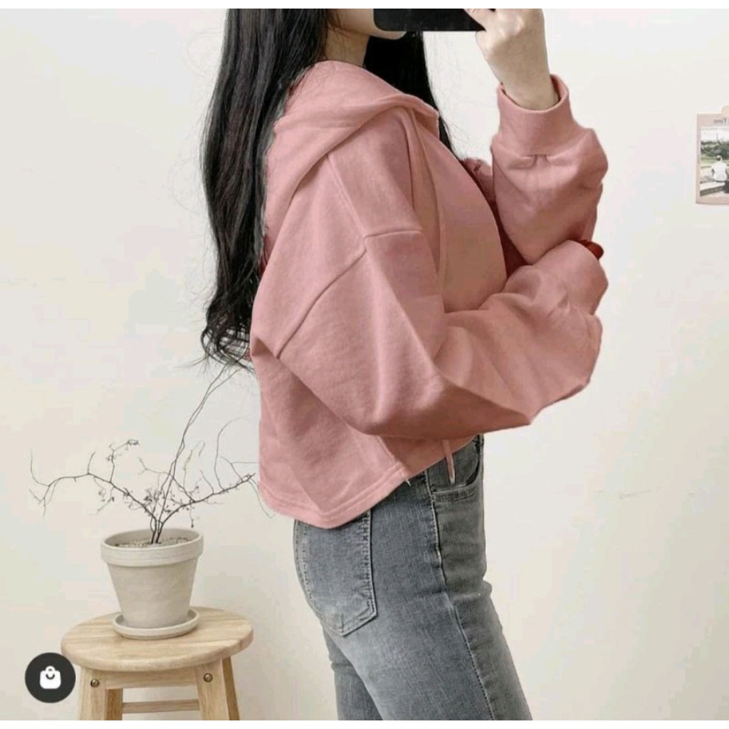 SWEATER CROOPE HOODIE POLOS OVERSIZE WANITA BAHAN FLECEE