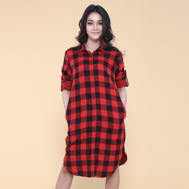 Benhill Kemeja Tunik Wanita  Katun Doubel Face Motif Kotak Merah 0547-31435