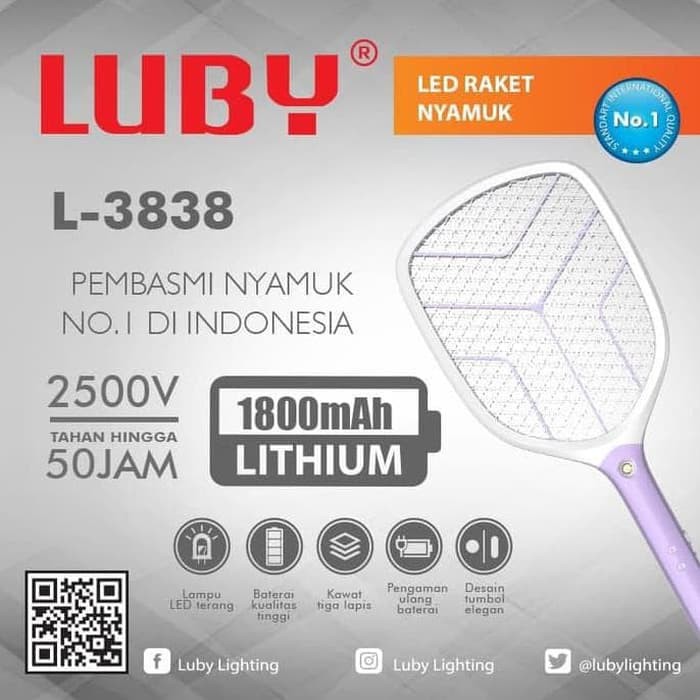 Luby Raket Nyamuk Electric L3838 + 1 Senter LED Rechargeable Cable Bundle JUMBO Tahan Hingga 50 Jam