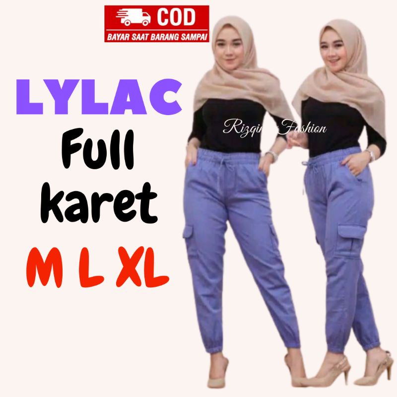 Joger Lilac Wanita Celana Cargo Lylac Full Karet M L XL Premium Drill