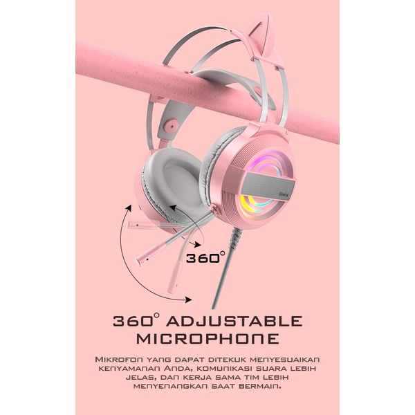 MINIGO GAMEN Headset Earphone Headphone Gaming PINK KITTY Cat Ear GH1100 Pink LED RGB Lighting Original Bass - Garansi 1 Tahun ONIKUMA