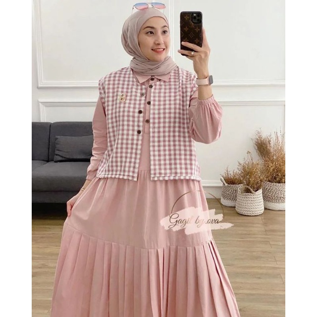 KIRANIA MIDI DRESS SET ROMPI OUTER/BINTANG 3 MIDI DRESS KANCING DEPAN BUSUI FRIENDLY/FASHION WANITA MIDI DRESS PREMIUM/FAR MOSLEMSTORE