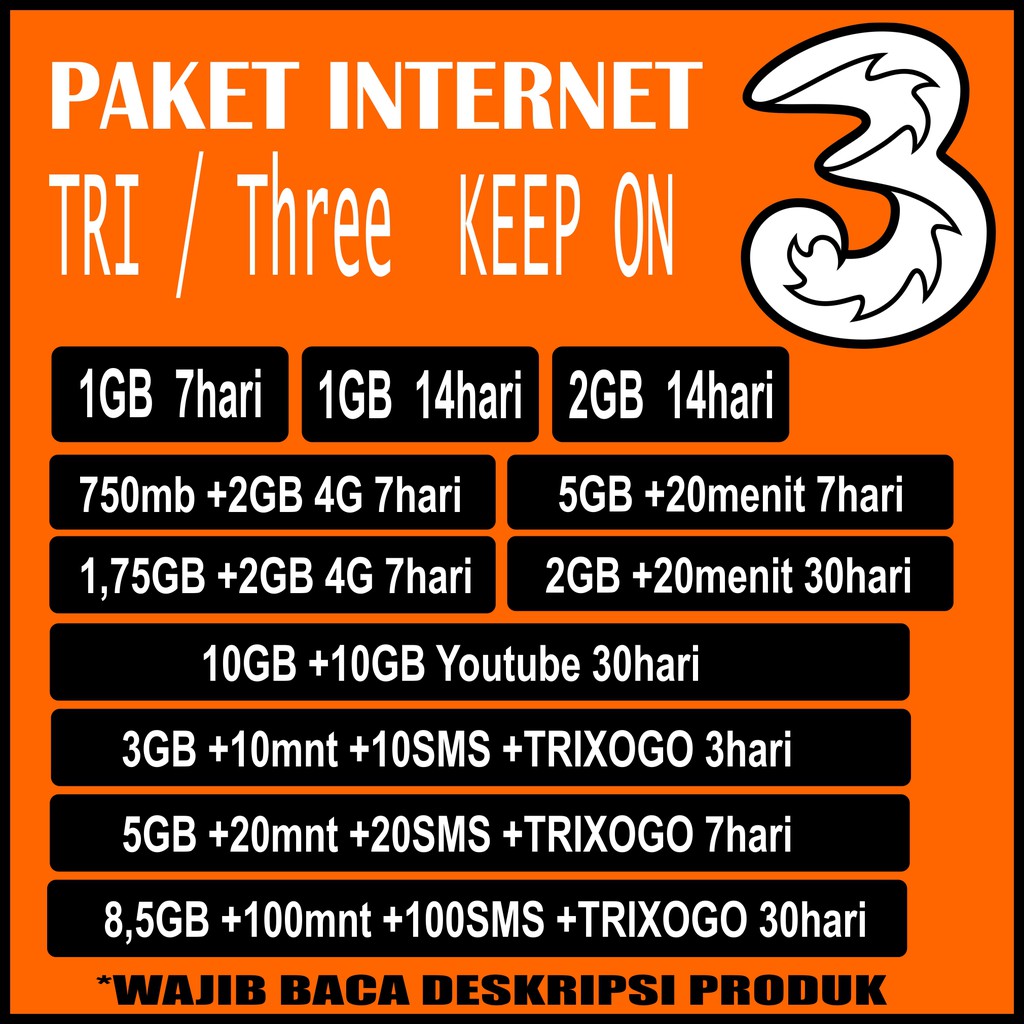 Paket Internet Kuota Three Tri Keep On 3gb 5gb 10gb 8 5gb Shopee Indonesia