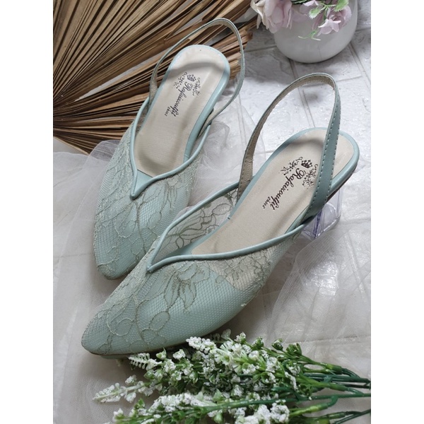 sepatu yasmika tanpa payet hijaumint tali 7cm kaca