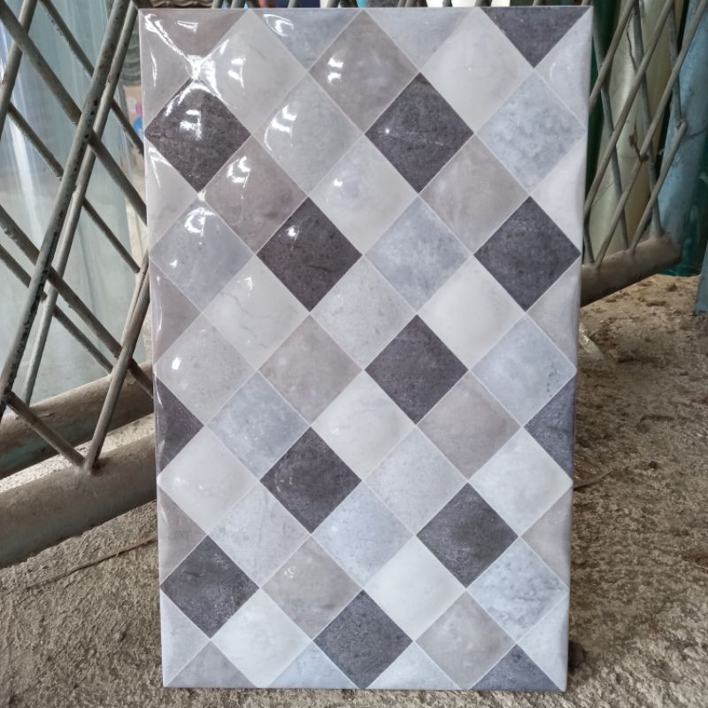 KERAMIK LANTAI 25X40-KERAMIK DINDING 25X40 GLOSSY HEXAGON ABU HITAM PUTIH- MULIA