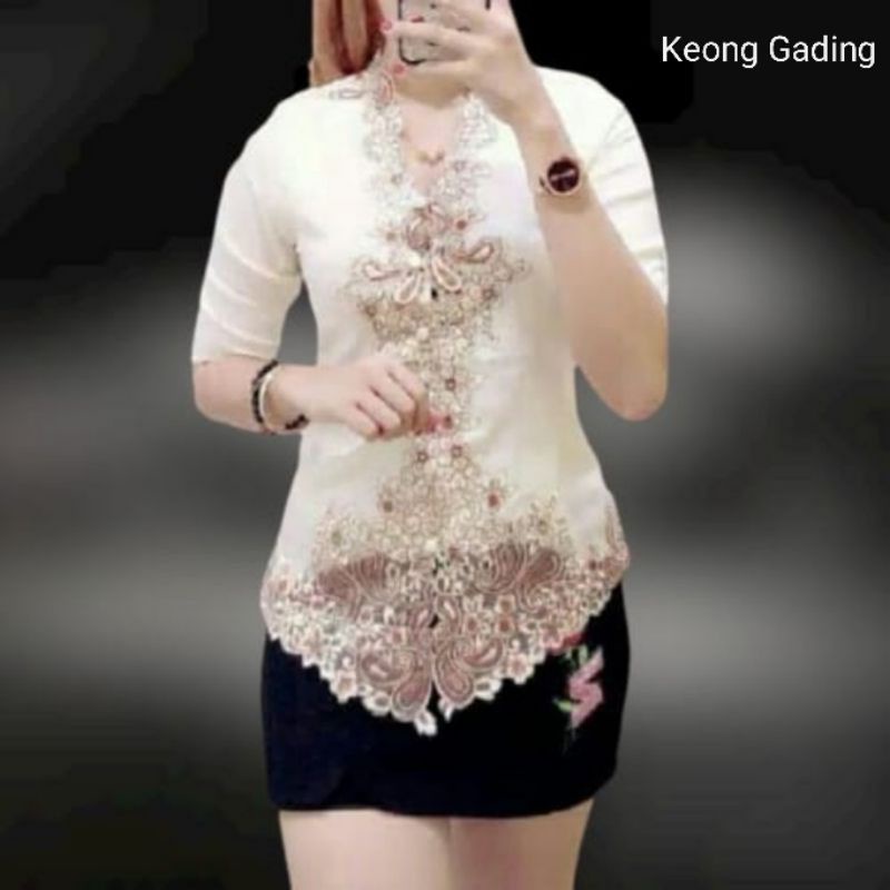 Atasan Kebaya Encim Modern Senada Katun Silky Korea Kombinasi Brukat Bordir